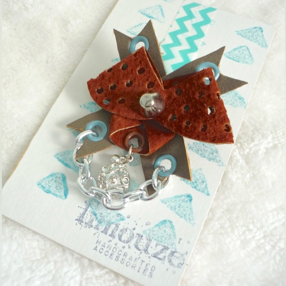Leather + Vinyl X Bow Brooch - Metal Chain and Charm Detail - OOAK by Limouze